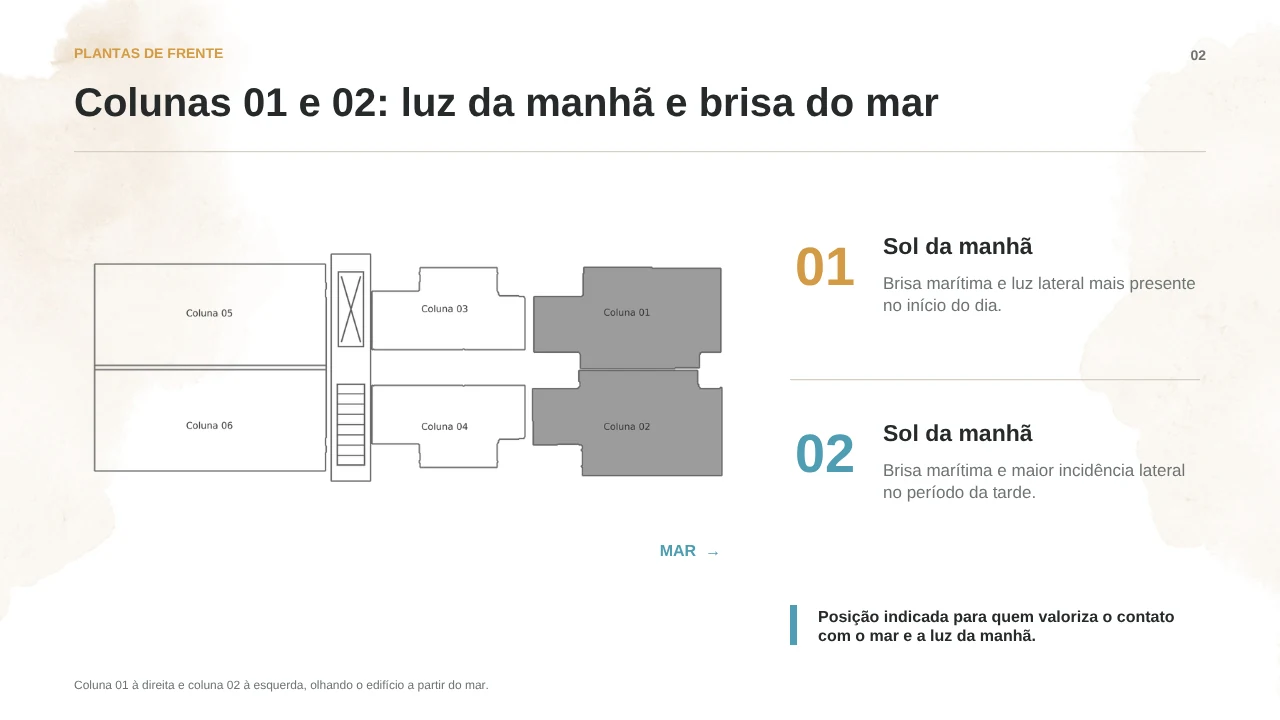 Colunas 01 e 02: luz da manhã e brisa do mar